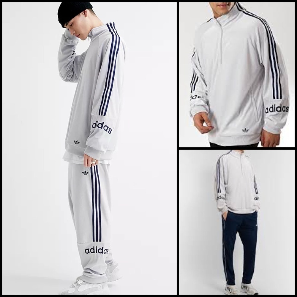 Adidas Originals 90’s Archive Retro Velour Logo Half Zip Gray Blue Sweatshirt Xl
